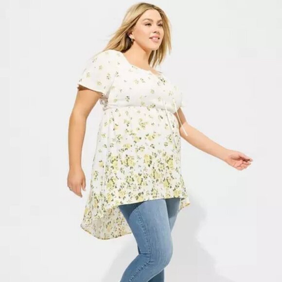 NWT TORRID Yellow White Babydoll Challis Lace Up Hi Low Top - Picture 1 of 10